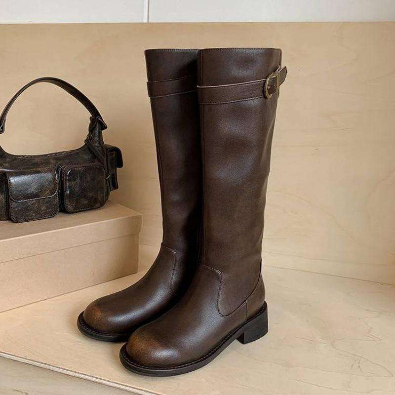 Autumn and winter leather tall boots solid color side zipper middle heel large size women's boots thick-soled non-slip versatile cowhide Martin boots