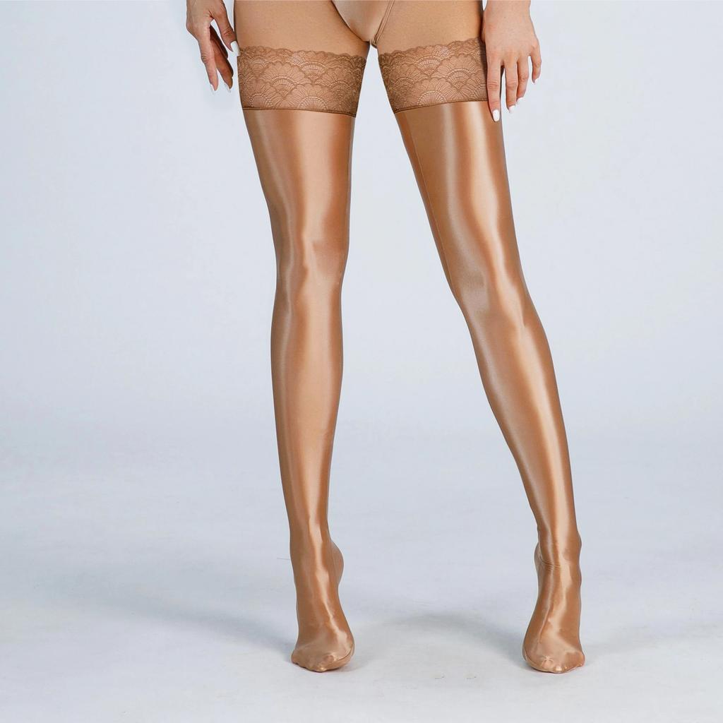 Calze Alte Sexy da Donna in Pizzo Raso Liscio Lucide all'Olio Collant Sexy Lucidi Vintage Calze da Yoga Modellanti Elastiche Calze da Cameriera Sopra il Ginocchio
