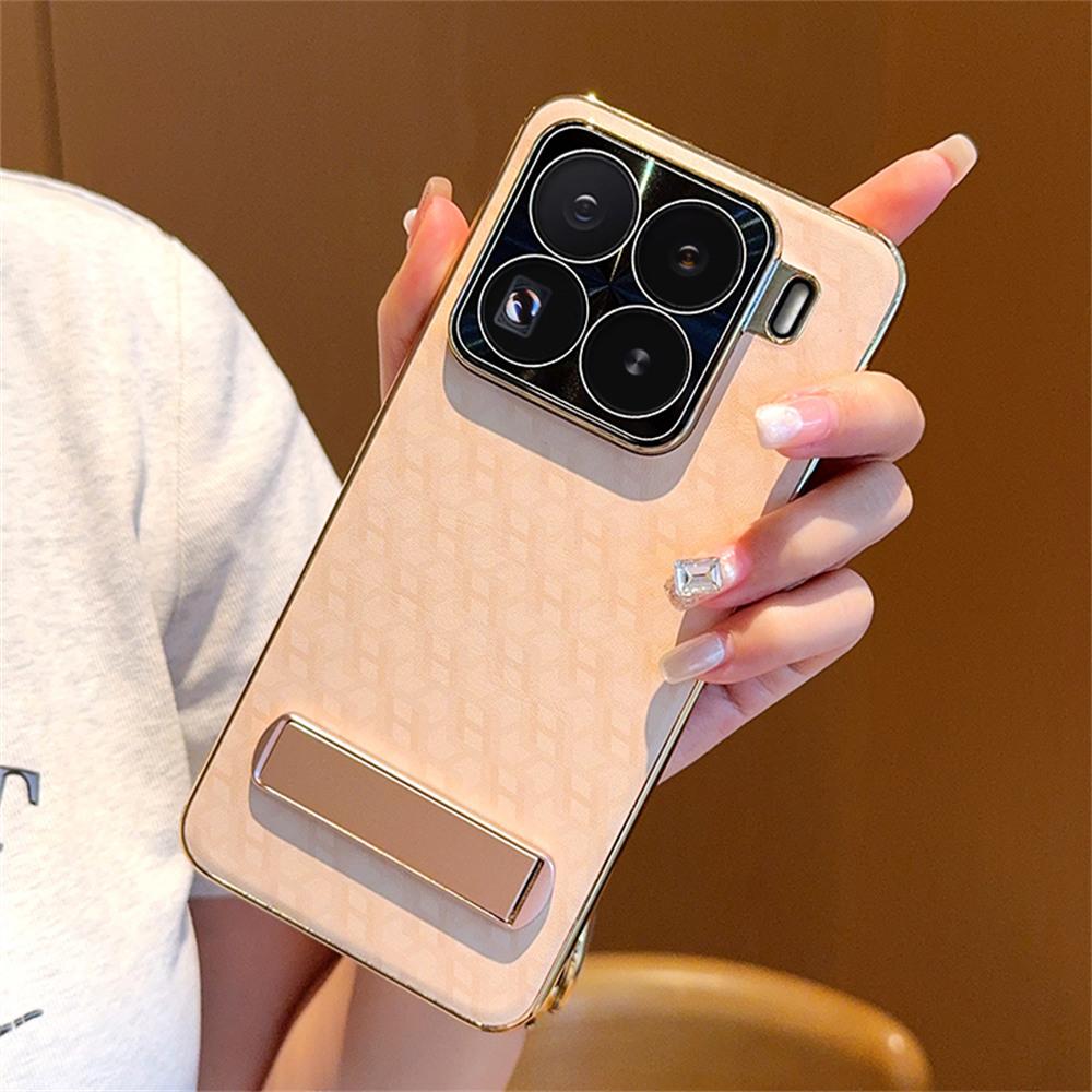 

For Xiaomi 15 Pro Case PU Leather+PC Electroplated Phone Cover with Kickstand As Shown A
