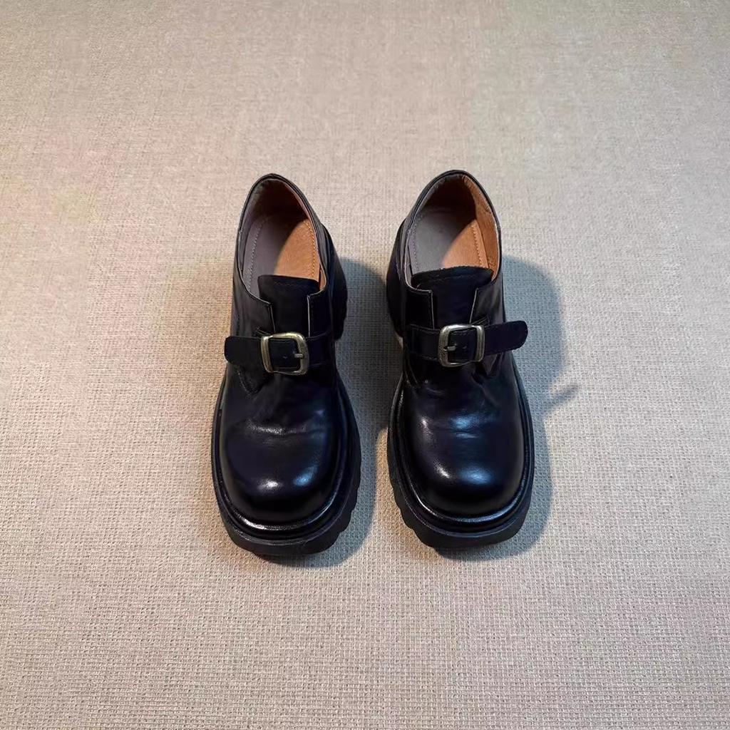Rindslederversion~ Retro runde Spitze dicke Sohle erhöhend vielseitig kleine Lederschuhe für Damen Britisch leichte Öffnung dicker Absatz hoher Absatz Mary