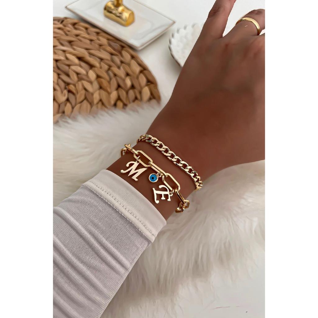 Gold Color Letters Selectable Evil Eye Detailed Chain Bracelet Combination 4