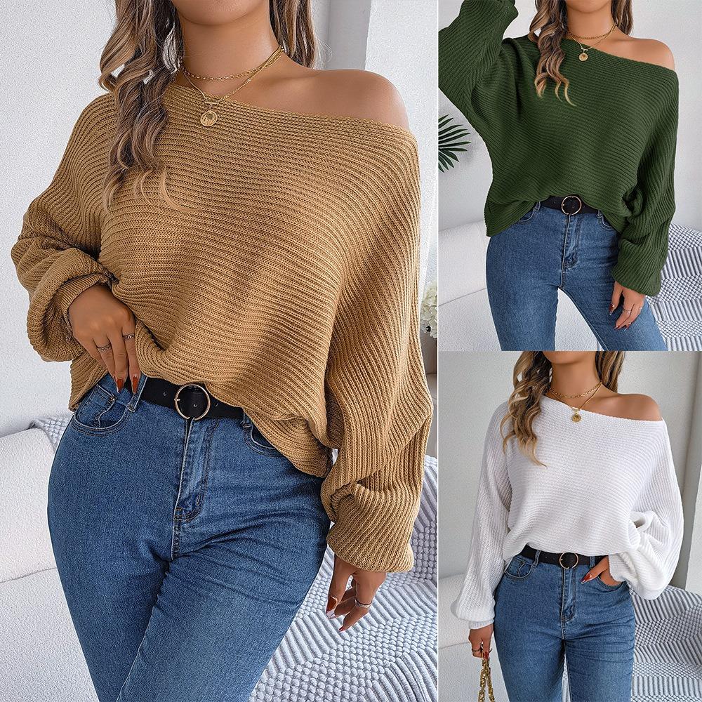 Autumn and Winter Casual Loose Solid Color Bat Sleeve Pullover Sweater