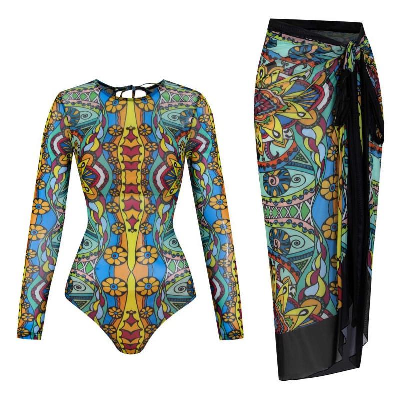 Womens Long Sleeve UPF 40 Sun Protection Swimsuit With Beach Cover-Up Skirt Floral Print Loose Fit Bathing Suit