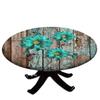 Floral Flower Round Tablecloth with Elastic Edges, Rustic Teal Flower Butterfly Farmhouse Wooden Plank, Waterproof and Wipeable, Suitable for