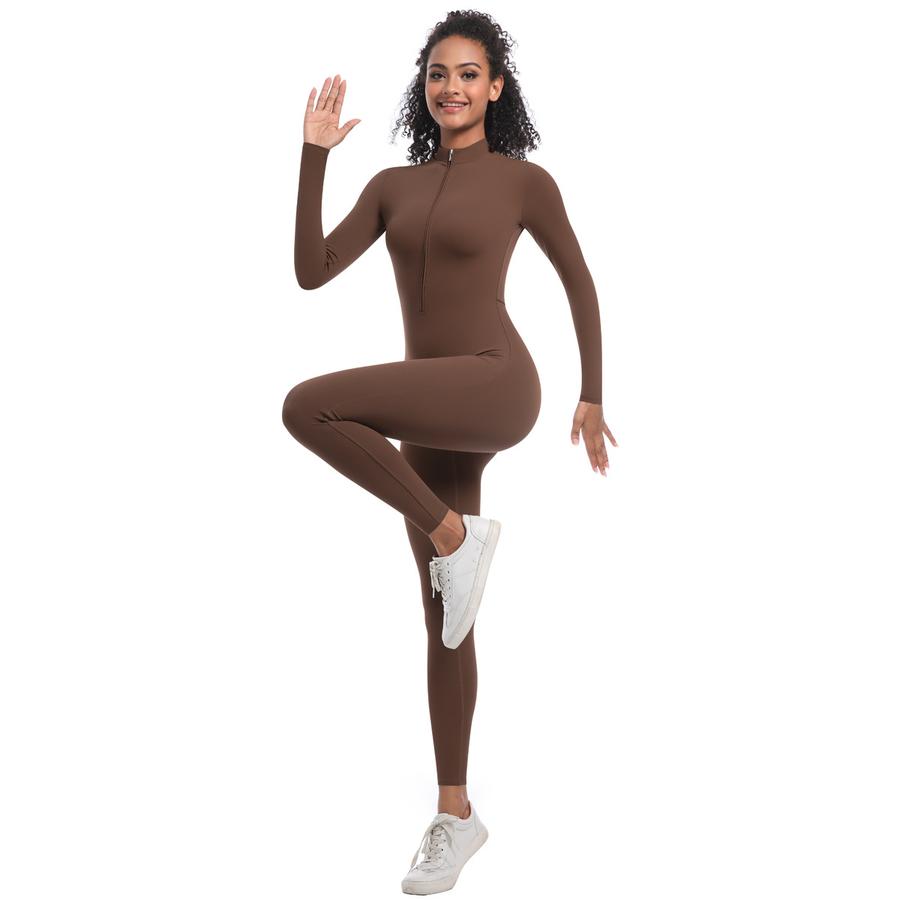 New Style Halter Zip Slim Fit Solid Color High Elastic Long Sleeve Yoga Suit Athletic Running Workout Bodysuit