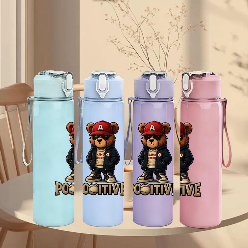 1PC Bear Prison Inmate Cartoon Print 750ml Color Plastic Sports Water Bottle Leakproof Flip Straw Lid Suitable for Sports Office Home Use
