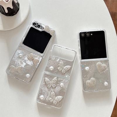 Gravata borboleta Love com Pérolas Capa de Celular Borboleta para Samsung Zflip 6 Flip Fold Flip 7 Moda W24flip