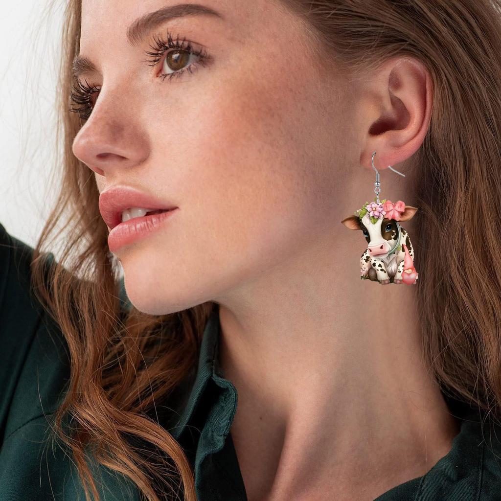 Einzigartige Brillen Kuh mit Blumenkranz Acryl Ohrringe für Frauen Mädchen, Frühling Sommer Y2K Stil Girlanden Creolen, Damenmode Drapierohrringe