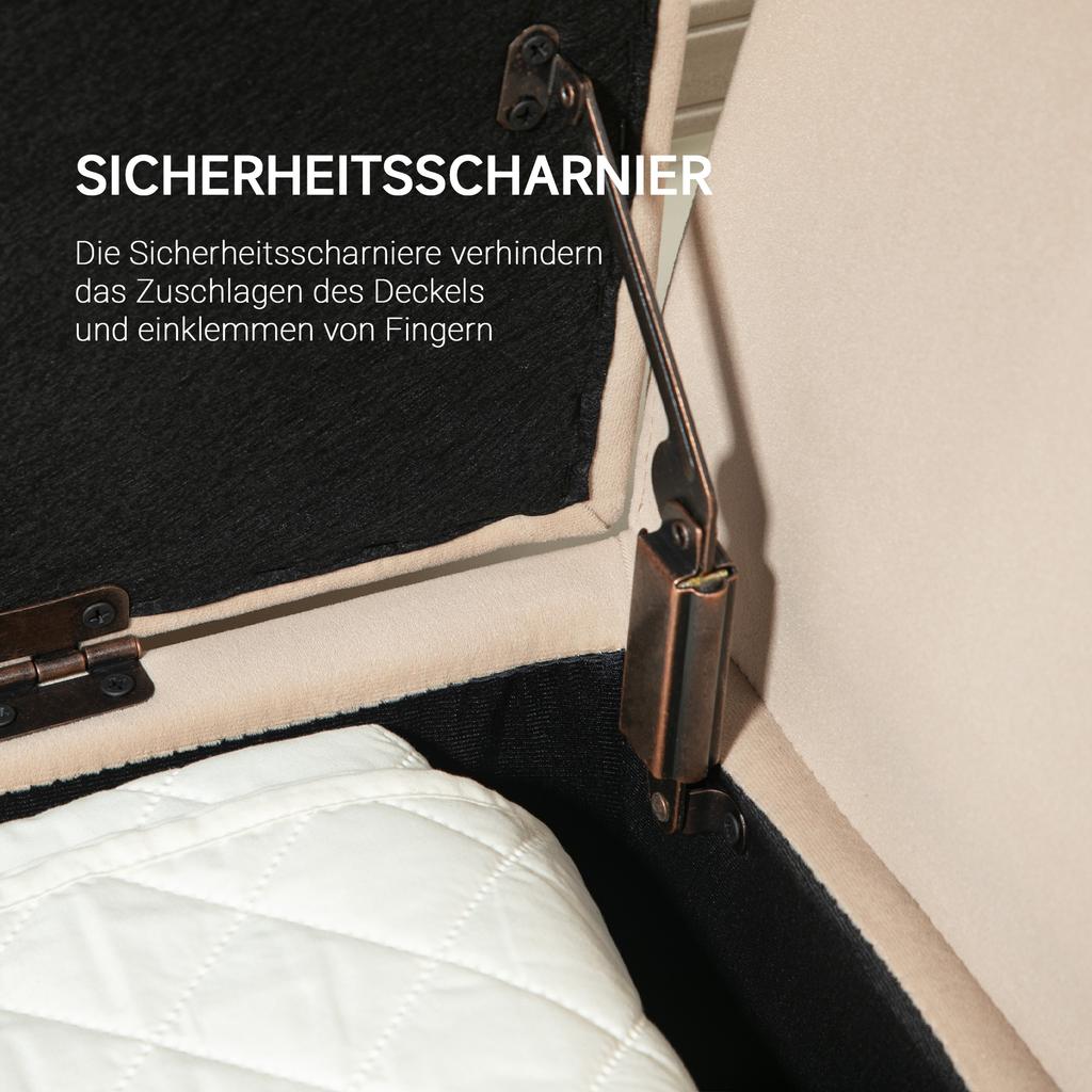 Gepolsterte Bank mit Stauraum, Armlehnen, Samtähnliches Polyester, Kautschukholz, 107 x 42 x 65 cm, Beige