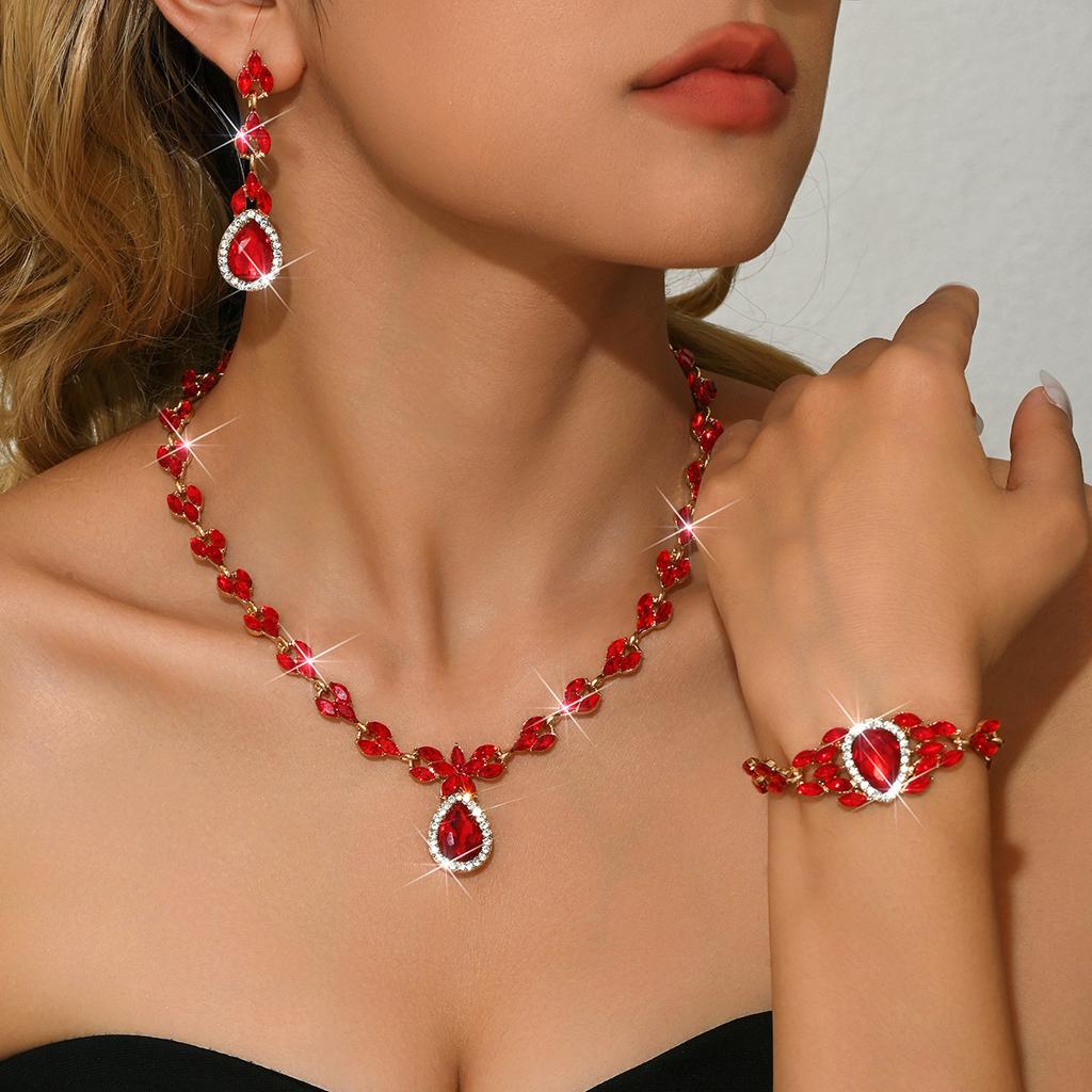 European and American Fashion Green Blue Red Rhinestone Necklace Earrings Bracelet Ring Set Full of Diamonds Four-piece Set 2026
