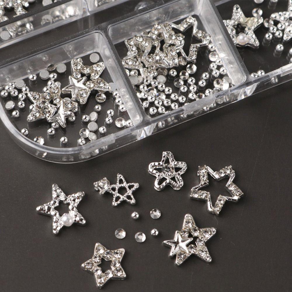 6 Grids Nail Art Decorations Metal Diamond Bow-Knot & Star Shape DIY Nail Decor Punk Style Mixed Designs Nail Charms