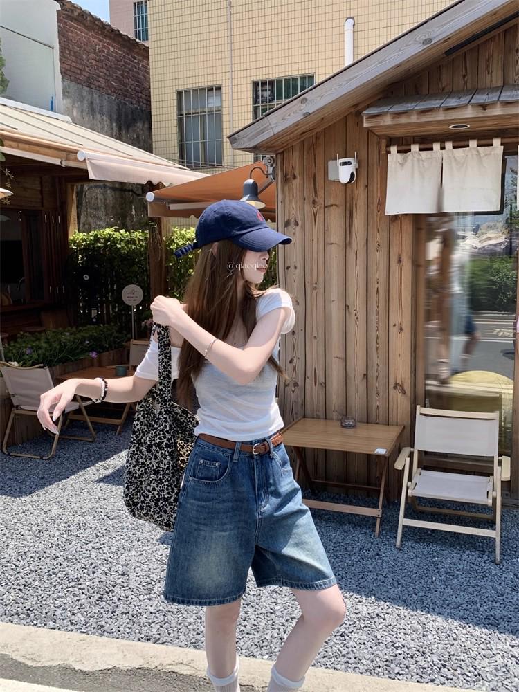 2025 Summer Women's Retro Blue High Waist Straight Leg Jeans - Versatile Petite Five-Point Shorts