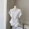 Women V Neck Drawstring Slim Fit Solid Short Sleeve T Shirt