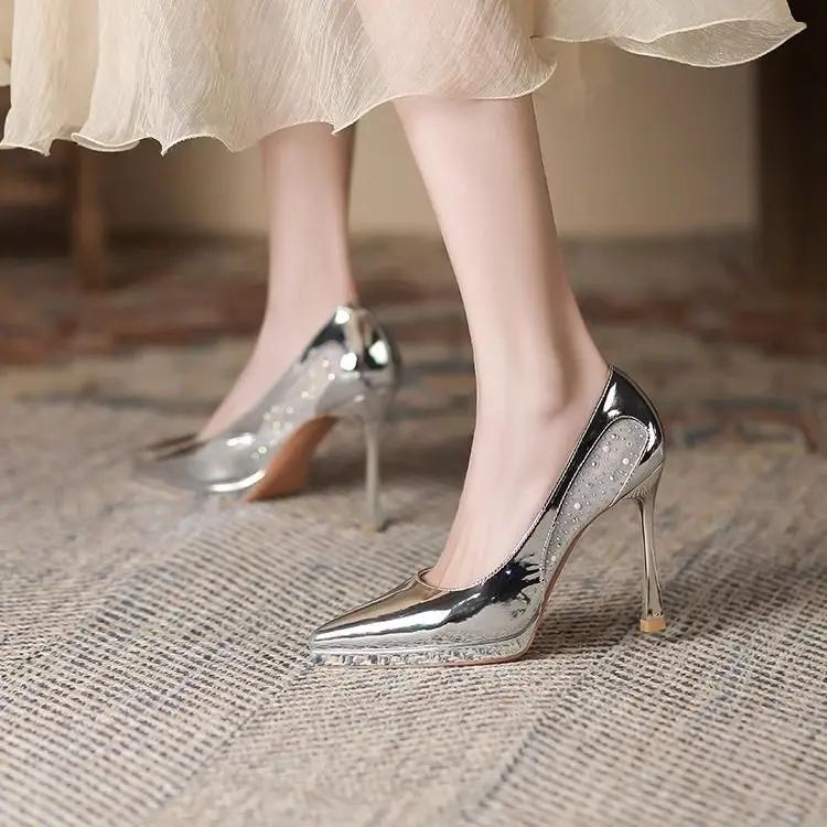 Fashion Super High Heel with Crystals Stilito Diamond Mary Jane Pointed Toe Ladies Pumps Rhinestone Women's Shoes Slip on Casual Stylish