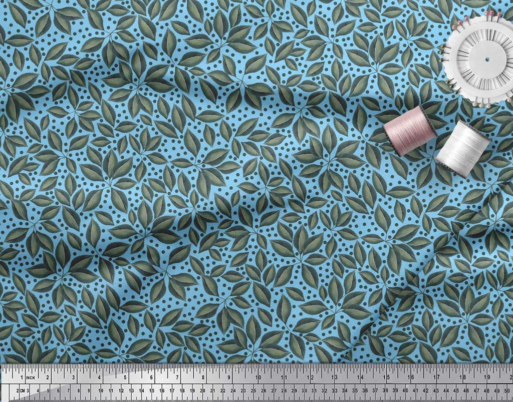 Soimoi Blue Poly Crepe Fabric Dots & Beach Leaves Decor Fabric Printed metre 42 Inch