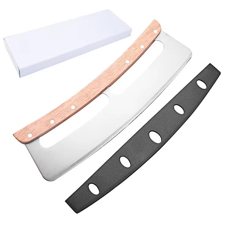 Stainless Steel Pizza Cutter Double Handed Pizza Knife with Safety Knife Sheath Wooden Handle Apple Pie Dispenser Dough Cutter