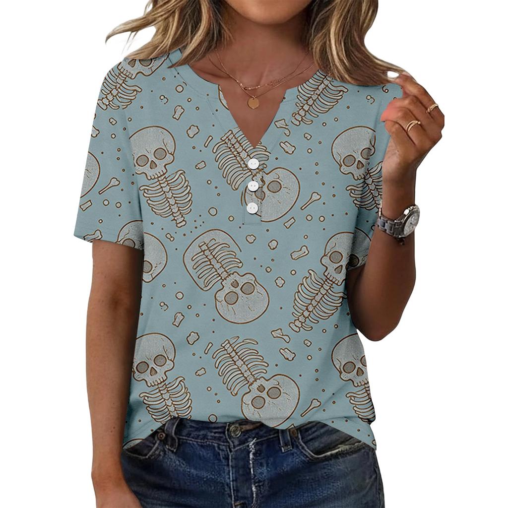 Womens Casual Halloween Print V Neck Short Sleeve Button Front T Shirt Top Lightweight Soft Fabric Comfortable Fit