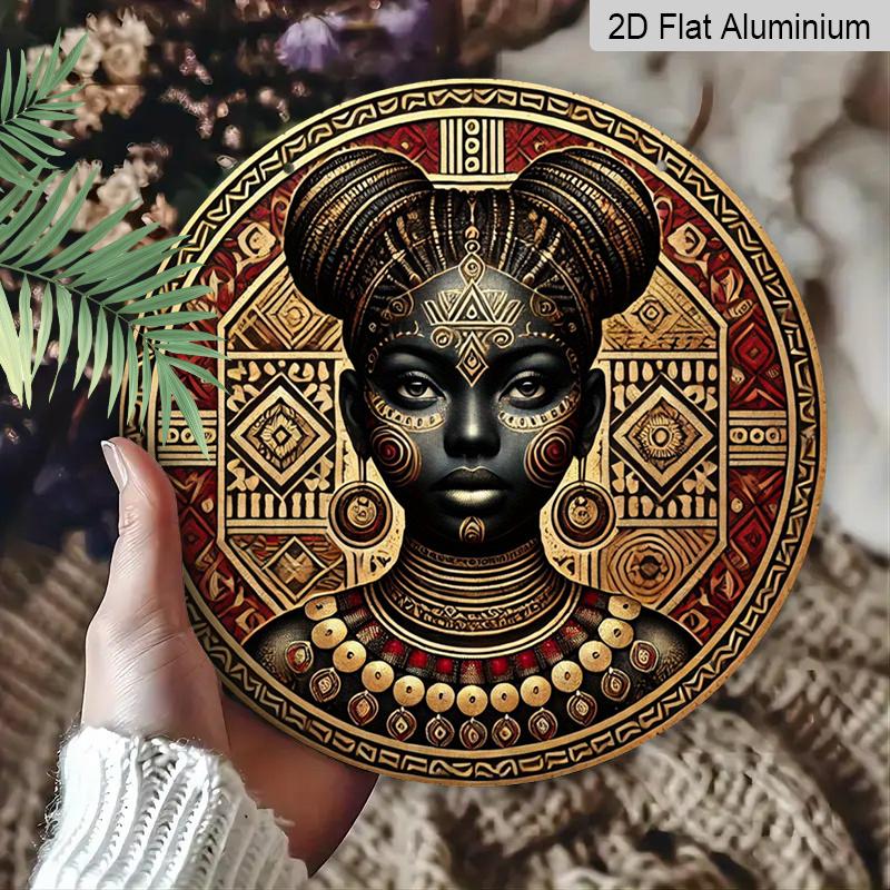 2D Flat 1pc African Tribal Woman Round Metal Sign, 8x8 in, Printed Aluminium Wall Art, Rustic Farmhouse Door Decor for Home, Room, Street, Shop