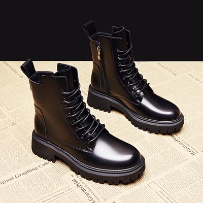 Martin Boots Women's Spring and Autumn New Style Versatile Round Head Thick Sole Heightening Feet Small Black Short Boots