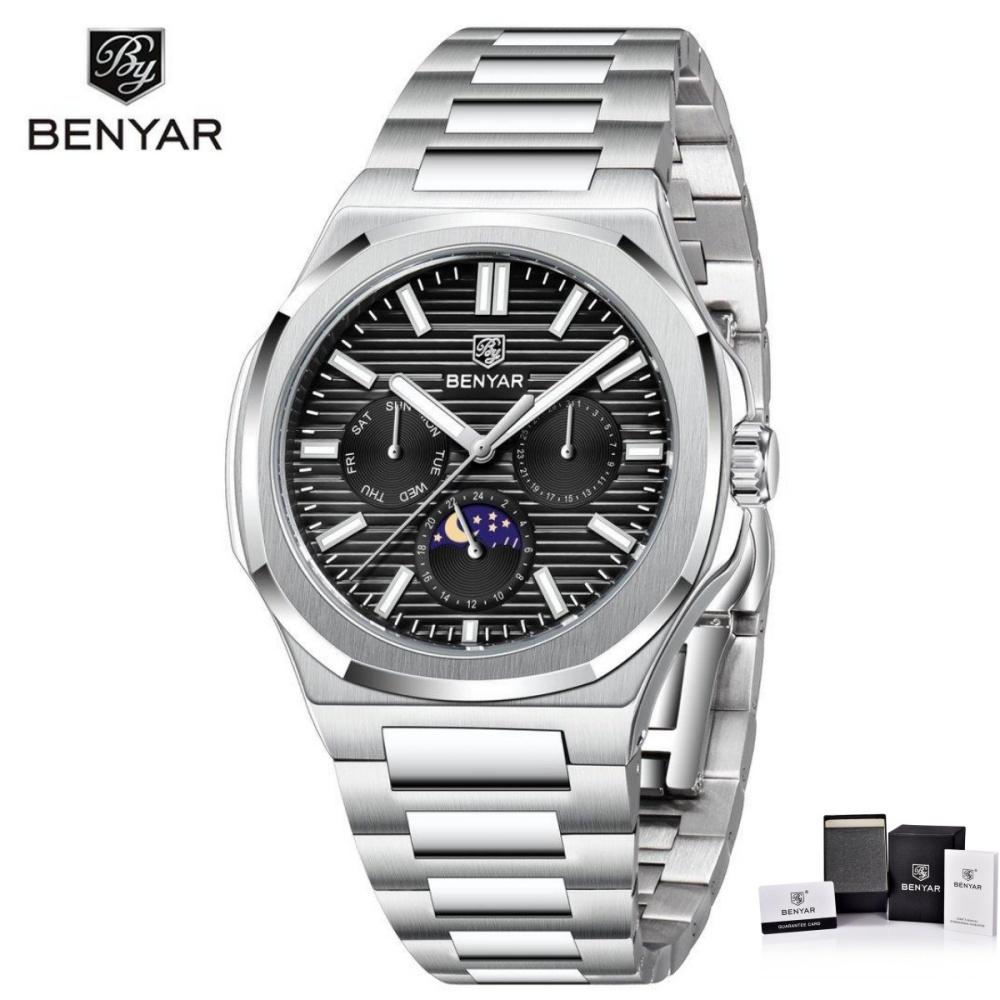 BENYAR BY-5226 Luxury Men's Watch Stainless Steel Waterproof Simple Quartz Business Wristwatches Moon Phase Gift Watches For Men