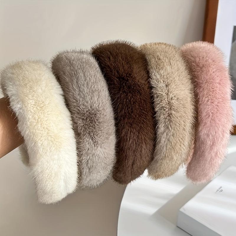 1pc 's Faux Fur Headband - Wide Plush Winter Hair Accessory with Soft Fluffy Trim, Beige/Black/Brown/Pink/Grey/White - Warm Face