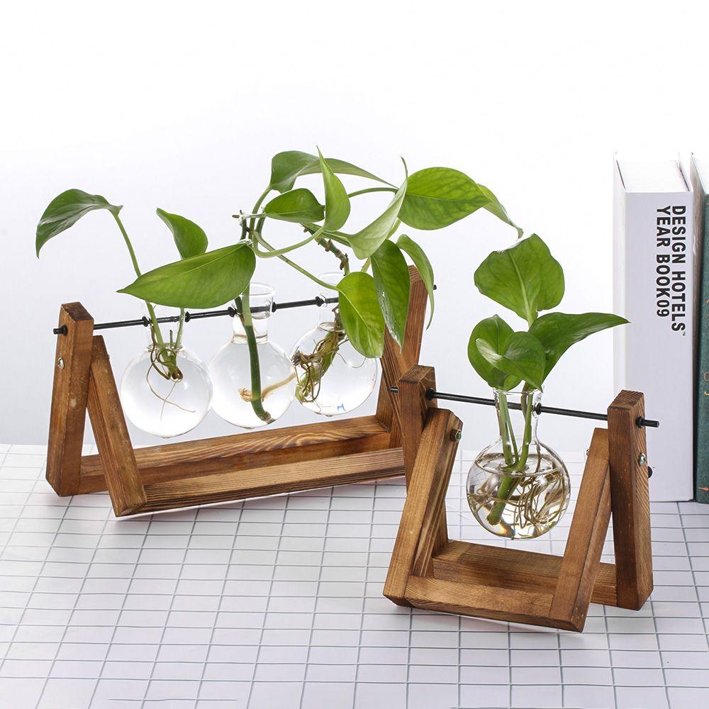 Decoration Bonsai Terrarium Tabletop Flower Pot Glass Vase Wooden Frame Hydroponic Plant Vases