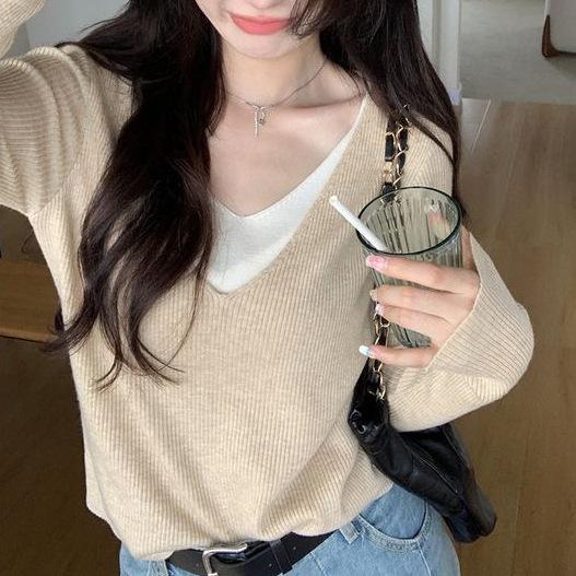 

Цветной блокирующий искусственный двухсекционный вязаный свитер для женщин на осень, облегающий крой, внутренний слой, нижний свитер, длинный рукав, верх M хаки