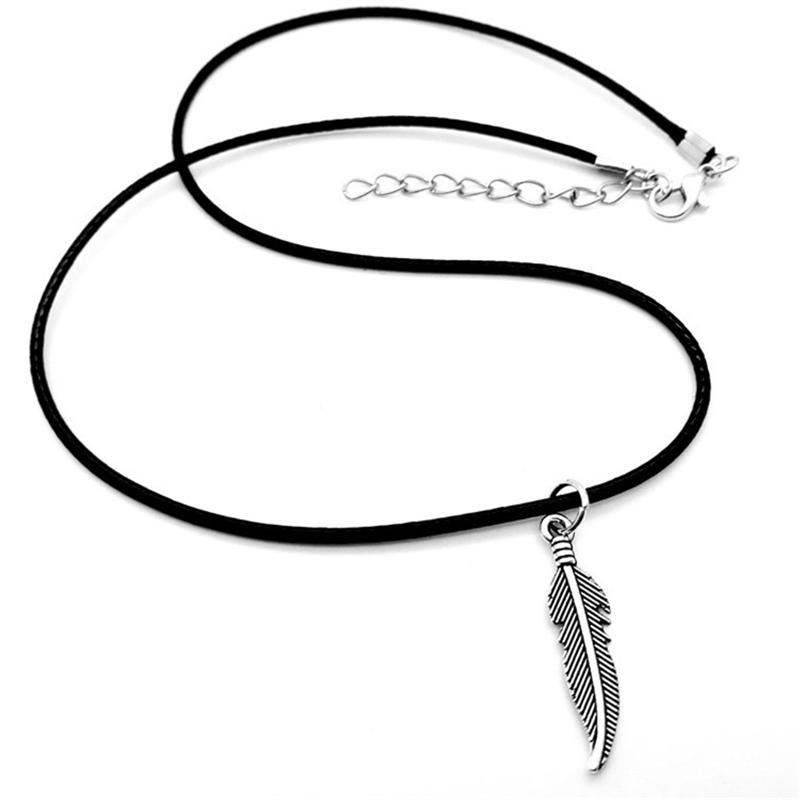 Fashion Antique Silver Color Feather Pendant Necklace Leaf Choker Black Leather Cord Chain Necklaces Jewelry for Women