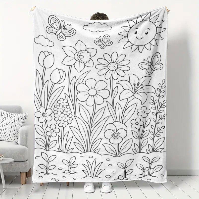 1pc Spring Garden Floral Flannel Blanket, Coloring Illustration Style Soft Skin-Friendly Warm Throw, Bedroom Living Room Nap Casual Blanket, Portable