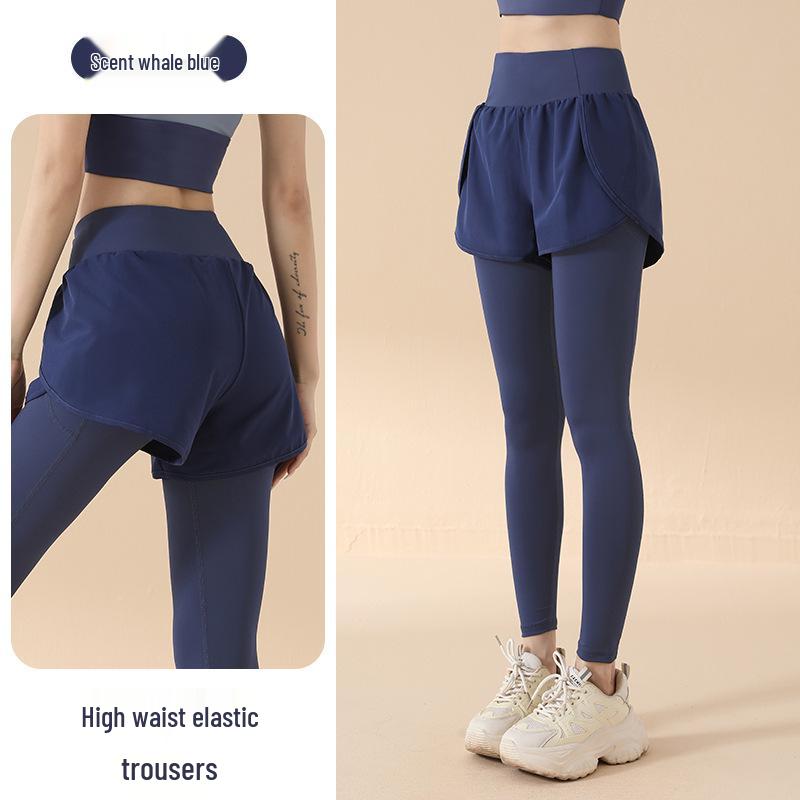 2025 High Waist Yoga Pants: Fake Two-Piece, Elastic, Hip-Lifting, Tummy Control, Nude Feel, Anti-Exposure Running and Fitness Wear