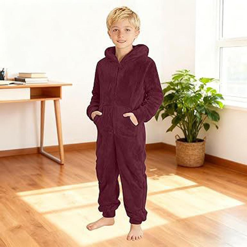Kinder Mode Einfarbiges Fleece Kapuzen-Onesie Haus Schlafanzug Body