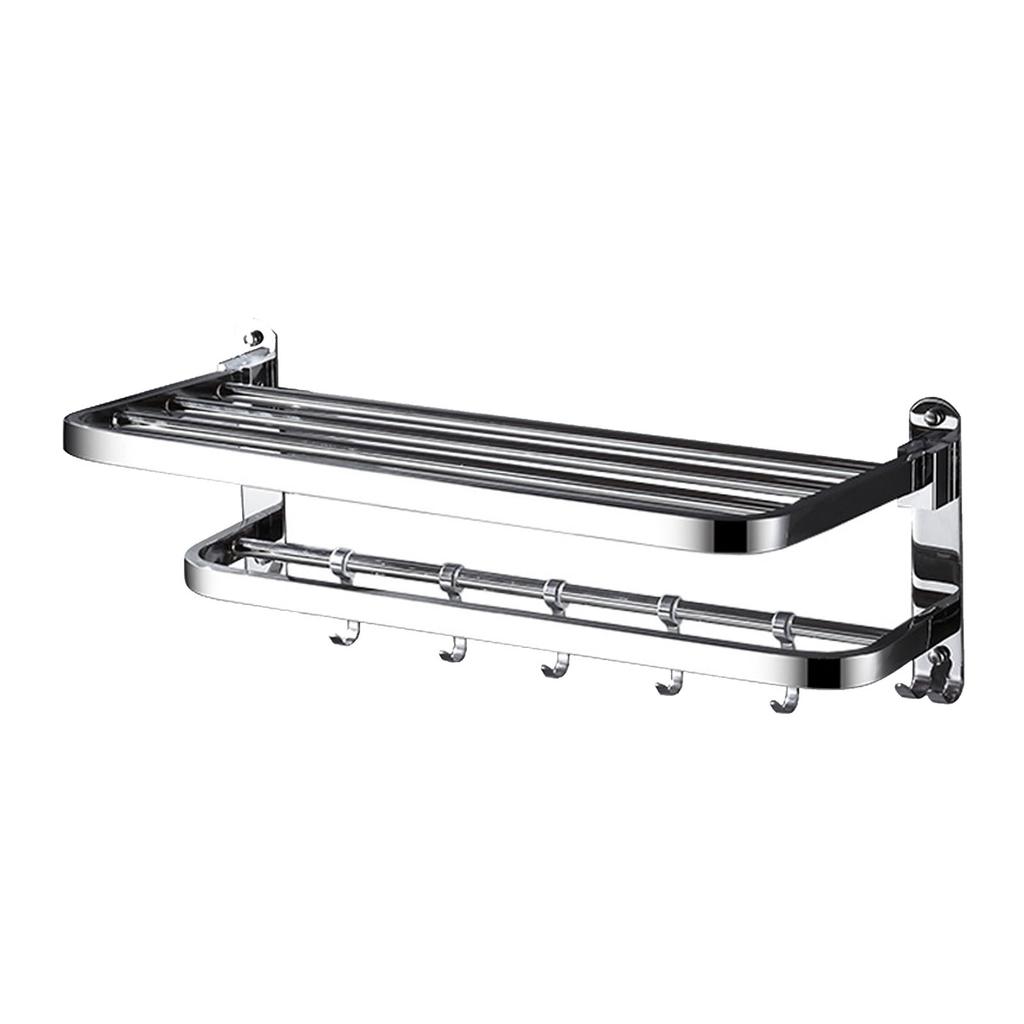Double Towel Rack Foldable Adhesive 304 Stainless Steel Wall Towel Shelf with Hooks for Bathroom