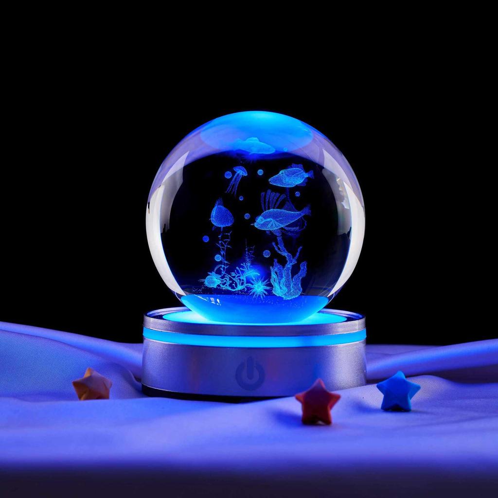 3D Laser Engraved Crystal Ball Night Light - Underwater World Design, Perfect for Classmates & Best Friends' Birthdays