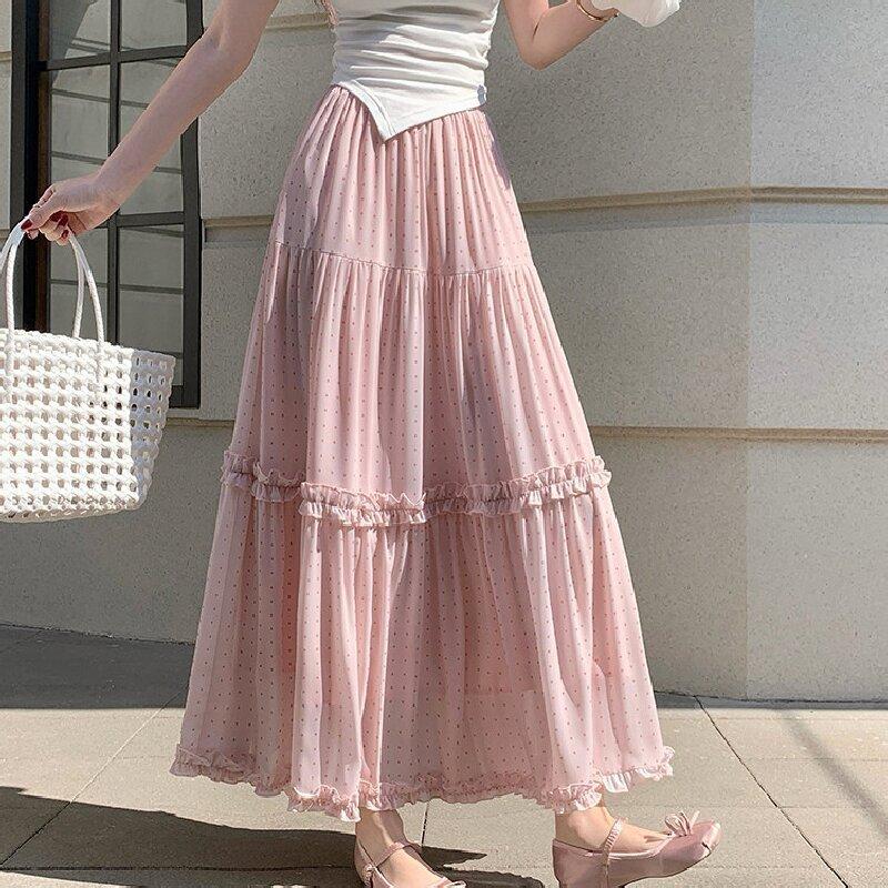 Ruffle Polka Dot Chiffon Pleated Tiered A-Line Maxi Skirt High-Waist Slimming Flowy Long Skirt for Women QT2915 розовый