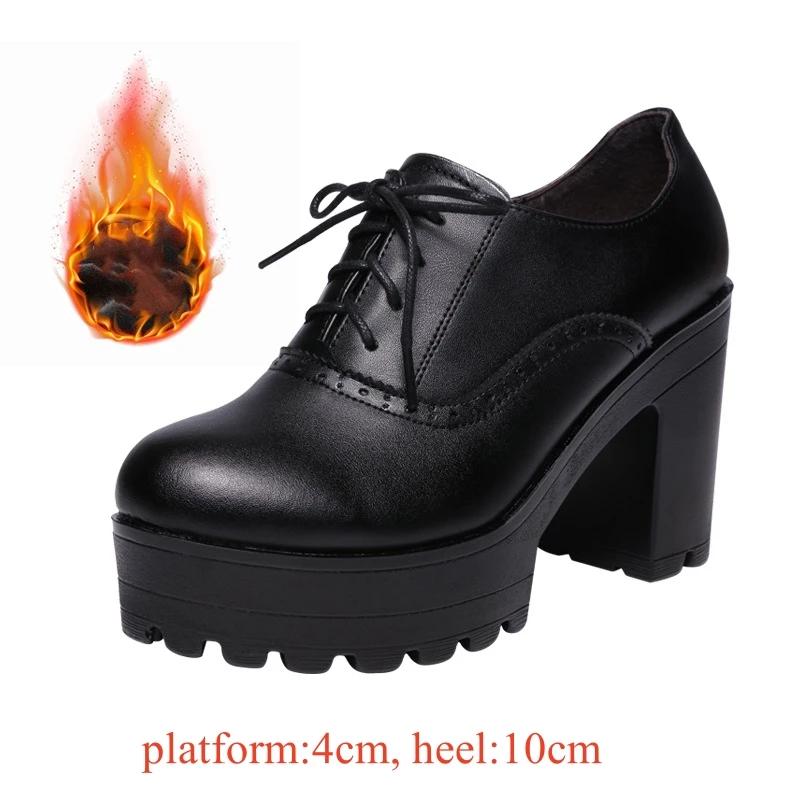

8cm 10cm Small Size 32-43 Vintage Brogues Style Oxford Shoes for Women Platform Pumps 2025 Block High Heels Shoes Plush Office 32