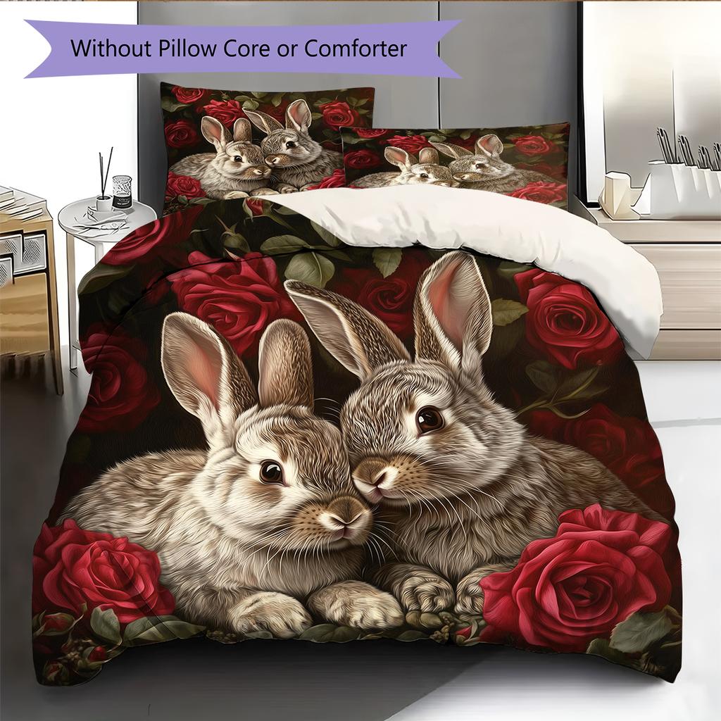 Kaninchen und Frische Blumen Muster Bettwäsche Heimdekoration Geburtstagsgeschenk (1 Bettbezug + 2 Kissenbezüge, ohne Füllung)