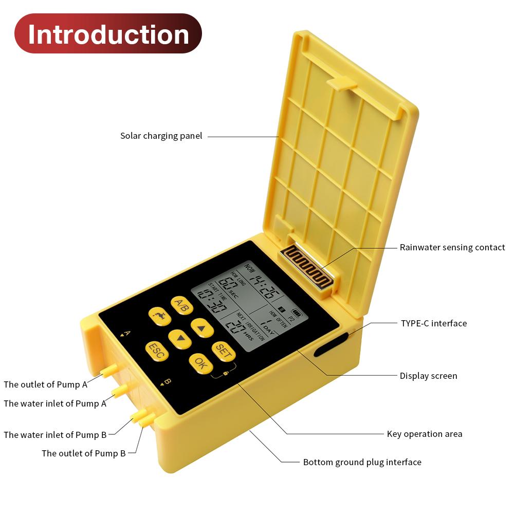 Doppelpumpen-Zeitschaltuhr Bewässerungssystem Regensensor Digitales Automatisches Bewässerungsset Für Garten Solarenergie Tropfbewässerung