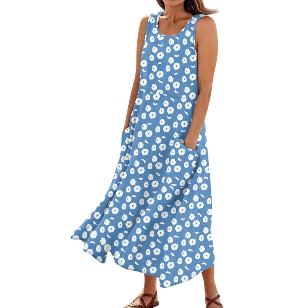 Women's Summer Casual Fashion Flower Printed Sleeveless Pocket Dress