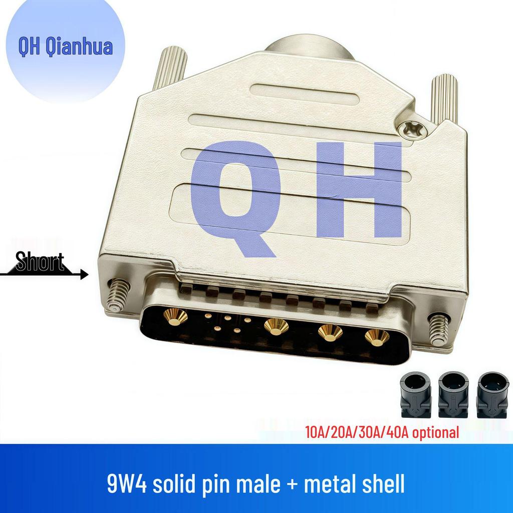 Gold-Plated 9W4 Male/Female Solid Pin High Current D-Sub Connector, Solder Type Plug