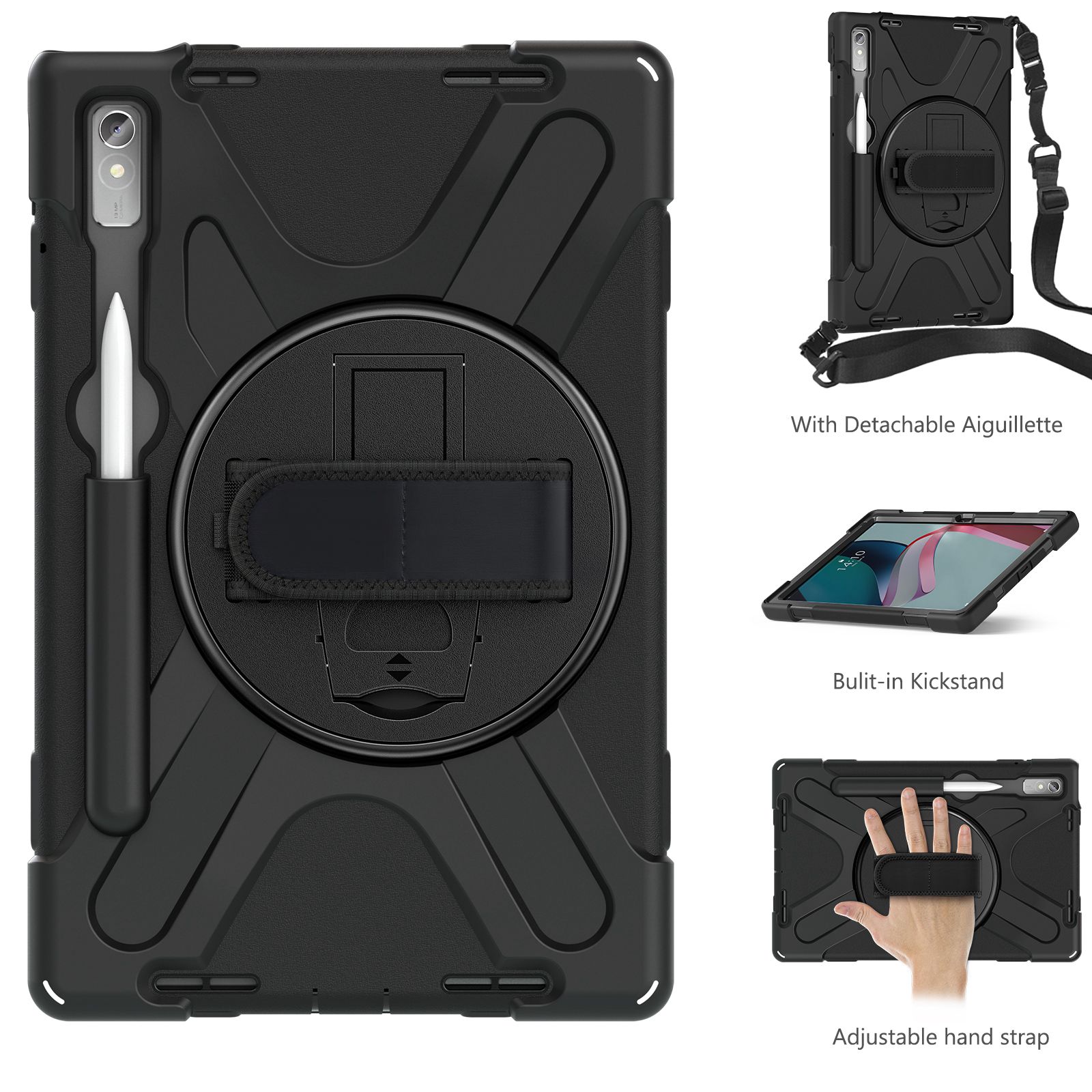 

For Lenovo Tab P11 Pro Gen 2 Case Rotation Kickstand PC+Silicone Tablet Cover with Hand Strap/Shoulder Strap Black