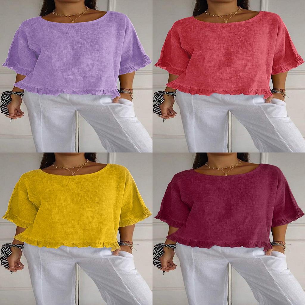 T-shirt Basic Estiva da Donna in Cotone e Lino, Vestibilità Larga, per Uso Casual