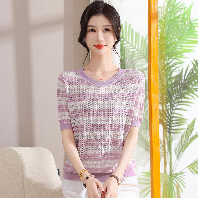 

Mom s Striped Short-Sleeve Ice Silk Top 2026 - Elegant Summer Blouse for Women L [within 105 lbs recommended] фиолетовый