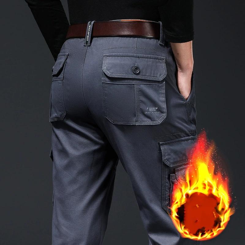 Calças Masculinas Outono Inverno para o Ano Todo com Múltiplos Bolsos, Soltas, Retas, com Veludo Grosso