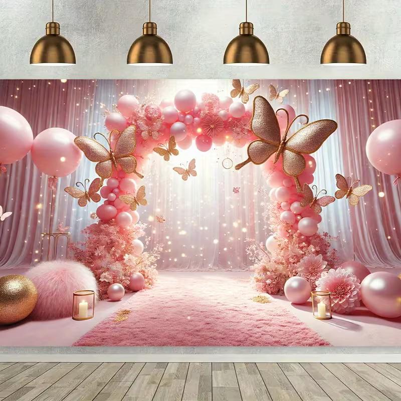 2D Dreamy Pink Curtain Backdrop with Sparkles and Balloons for Gender Reveals, Bridal Events and TV Shoots