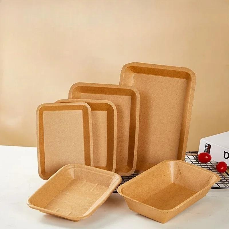 30pcs Disposable Rectangular Picnic Tableware Waterproof Oil Resistant Biodegradable Thick Kraft Paper Tray Snacks Salad Trays
