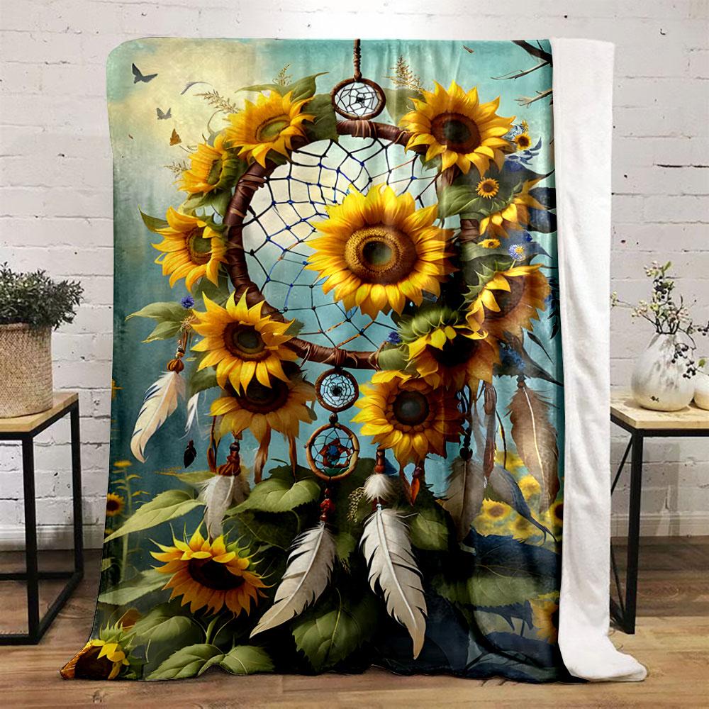 A Sunflower-adorned Dreamcatcher with Feathers and Vibrant Background. for All Seasons Blanket Lunch Break Throw Gift