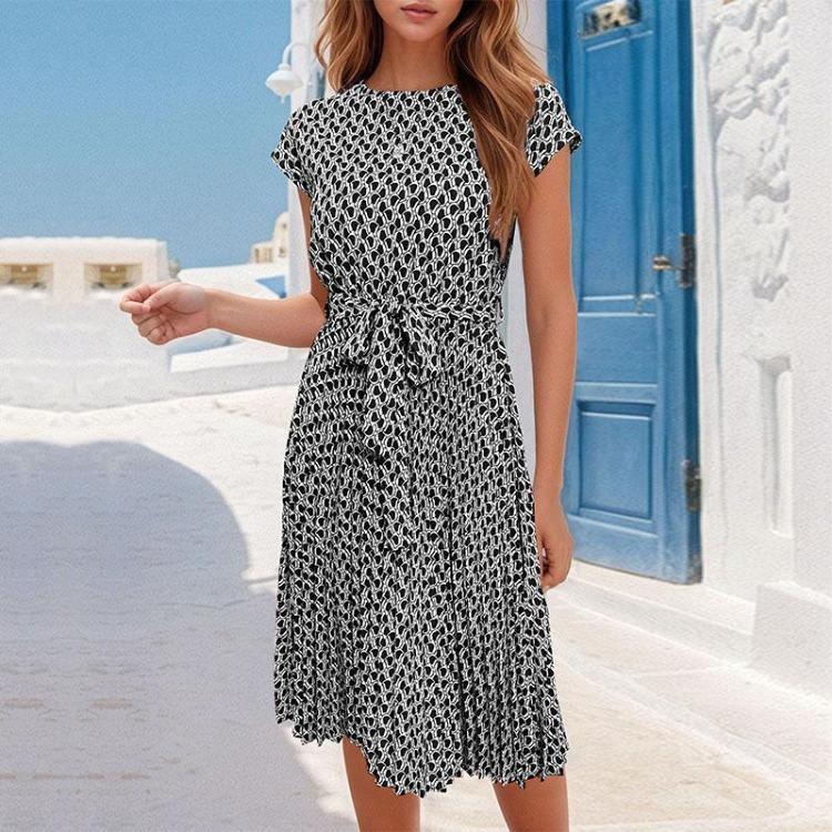 Pleated Print Dress Fashion Summer Women's with Belt