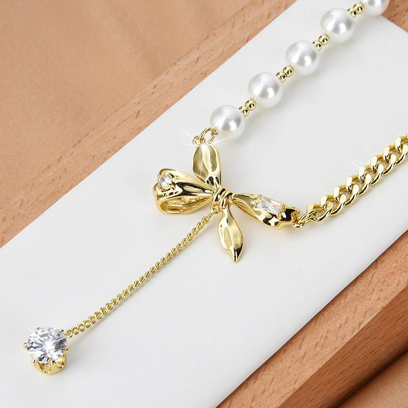 Elegant Pearl Bowknot Necklace For Women Featuring Trendy Tassel Design In Gold And Silver