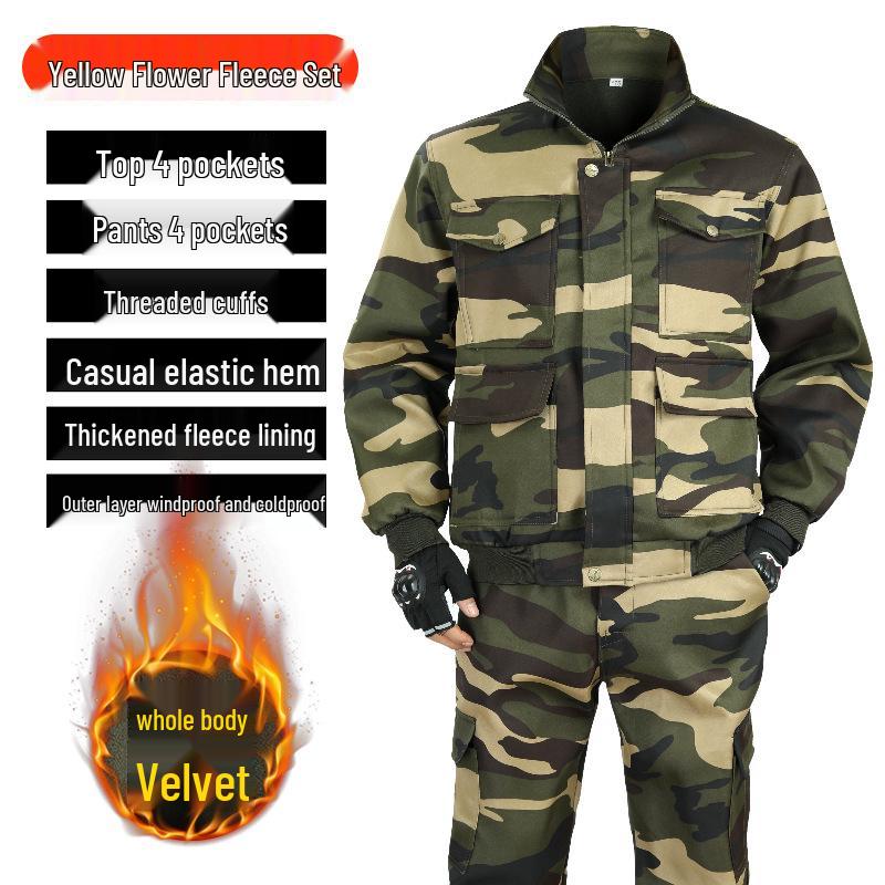 Men's Thickened Camouflage Workwear Set: Velvet-Lined, Cold-Resistant, Wear-Resistant for Welding & Auto Repair