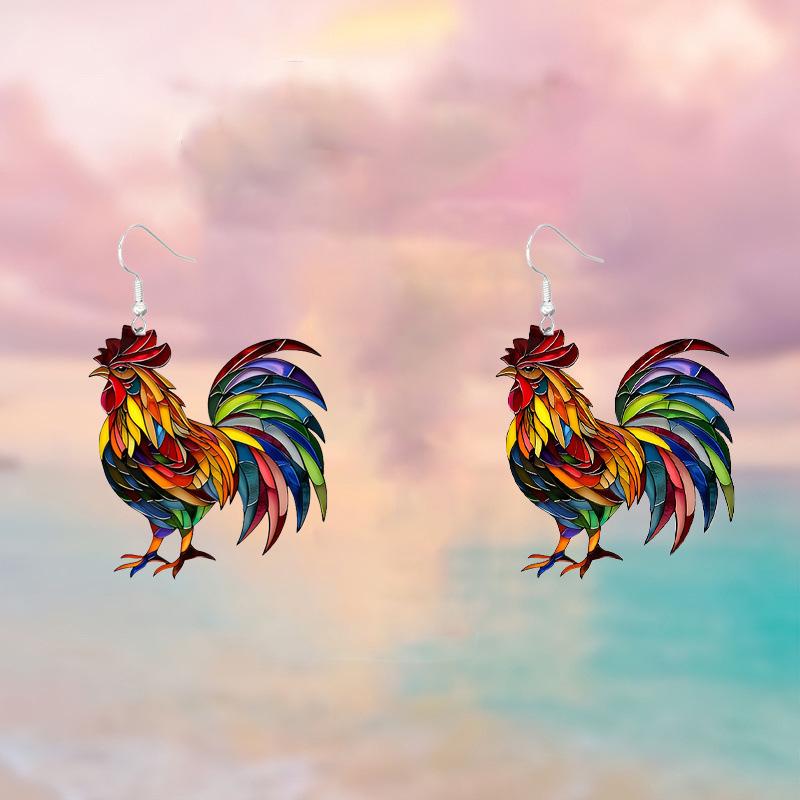 Retro Colorful Rooster Tassel Earrings - Festive Acrylic Fashion Jewelry Gift